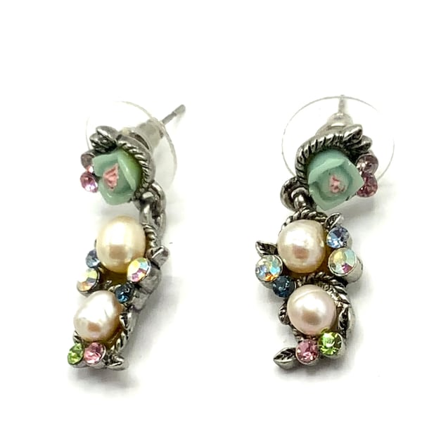 Gorgeous collectible stud earrings by Cookie Lee multicolored  jade, rhinestone and pearl.