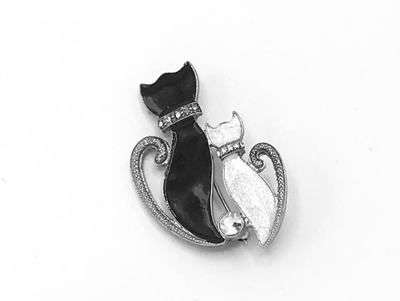 Vintage couple of cats white and black as brooch - image 1