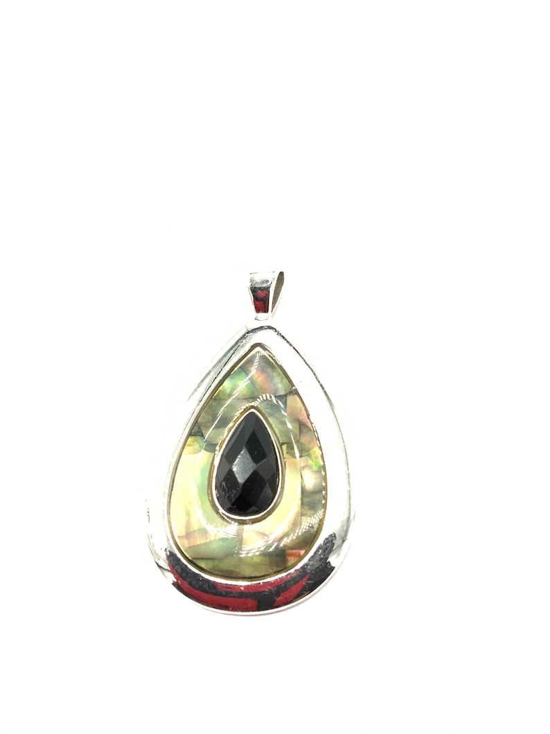 Gorgeous collectible teardrop pendant with abalone and black crystal by Lia Sophia and silver tone.