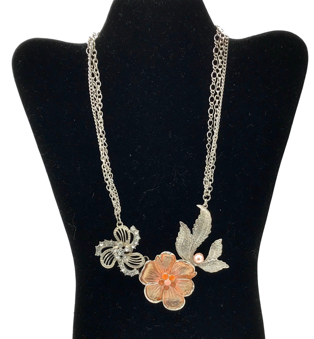 Vintage Flower Necklace, Silver and Orange Tone With Pearl and