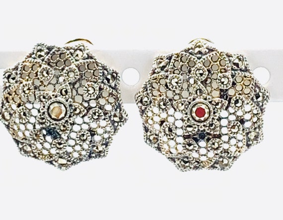 Vintage Marcasite sterling silver earrings, round… - image 1