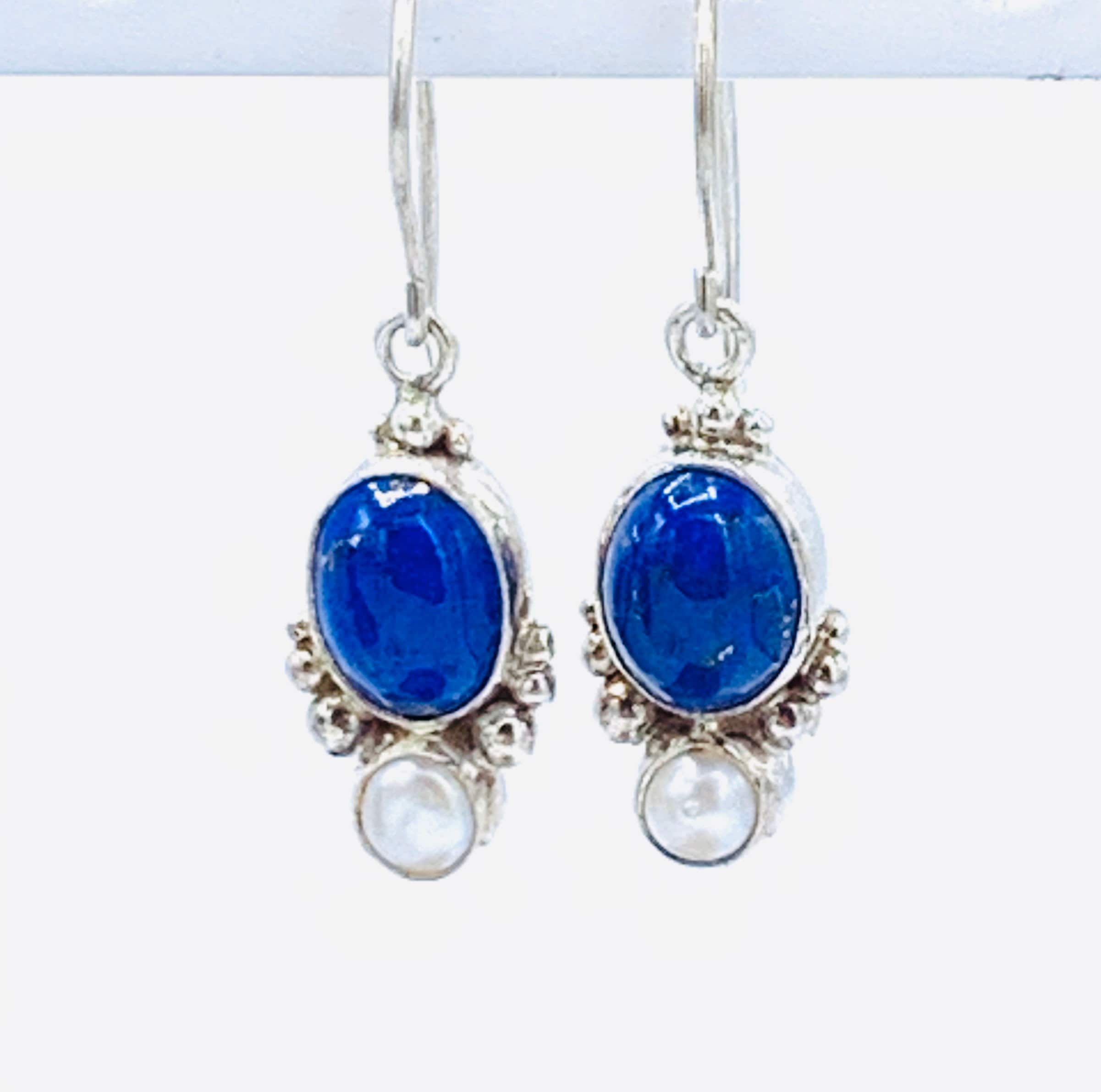 Precious Blue Stone and Pearl Earring . Sterling silver Etsy
