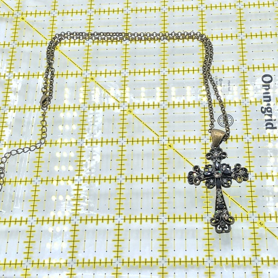 Brass tone necklace with cross necklace with rhin… - image 4
