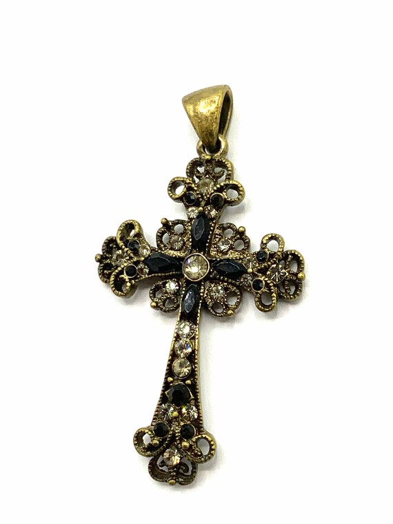 Brass tone necklace with cross necklace with rhin… - image 2