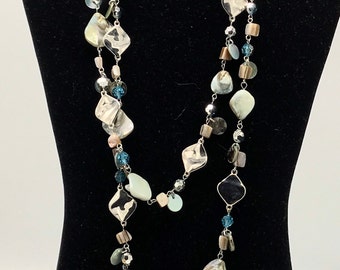 Gorgeous abalone and silver tone necklace by Lia Sophia, long necklace, multicolored. Green tone