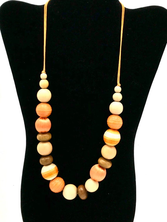 Vintage multicolored beads necklace, orange tones… - image 5