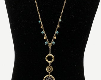 Collier Pendentif Lia Sophia Turquoise Et Marron Sur Cordon Noir - Longueur Réglable