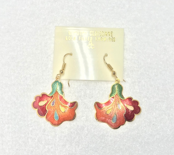 Vintage cloisonne red flower earrings gold filled - image 2