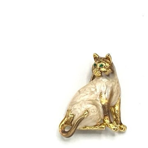 Broche Chat Émaillée Noire Aux Yeux Verts - Signée A&S - Occasion Très Bon État