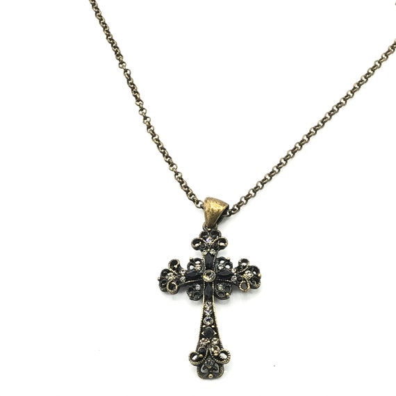 Brass tone necklace with cross necklace with rhin… - image 3