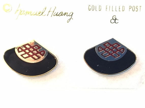 Vintage Samuel Huang black earring, studs, signed, gold filled