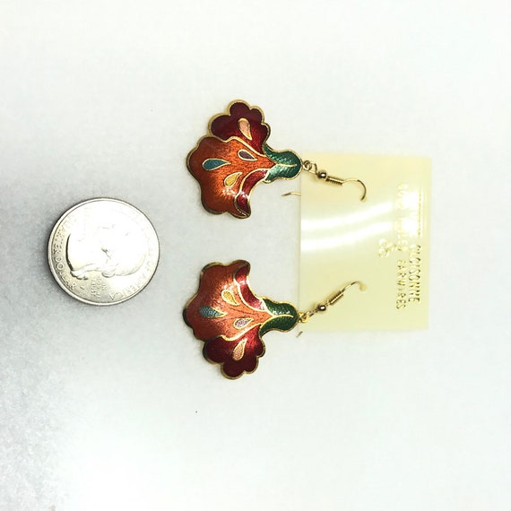 Vintage cloisonne red flower earrings gold filled - image 3