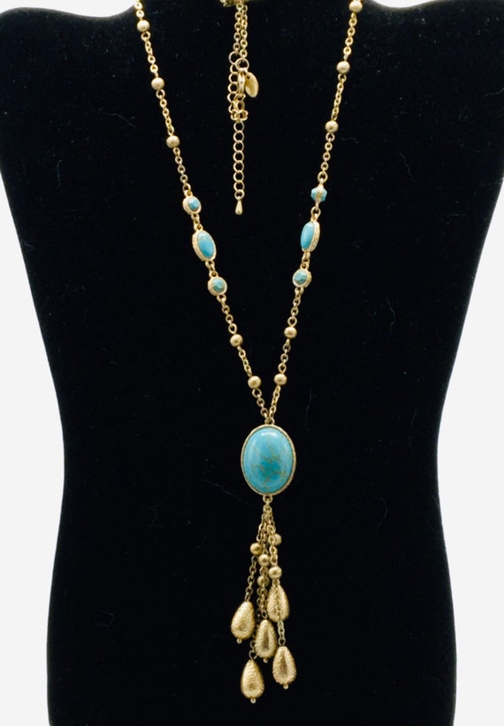 Gorgeous gold tone and turquoise tassel necklace b