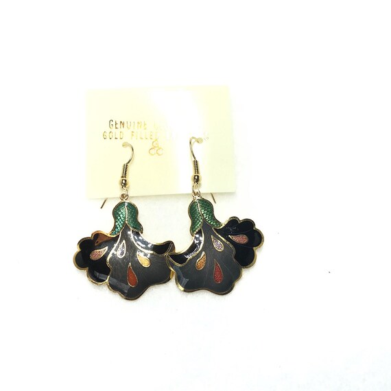 Vintage cloisonne red flower earrings gold filled - image 6