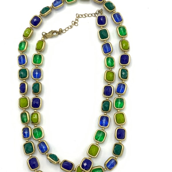 Gorgeous collectible and vintage multi color crystal and old gold tone necklace by Lia Sophia. Green, blue and green clear tone, long.