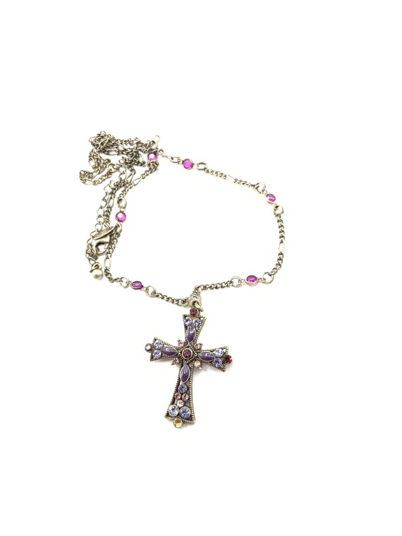 Gorgeous nickel tone cross with multicolored rhin… - image 3