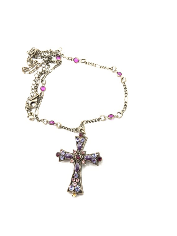 Gorgeous nickel tone cross with multicolored rhin… - image 9