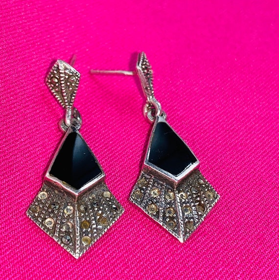 Boucles D'oreilles Argent 925 - Marcassite Cloutée, Ruban Et Onyx Rond - Dormeuses