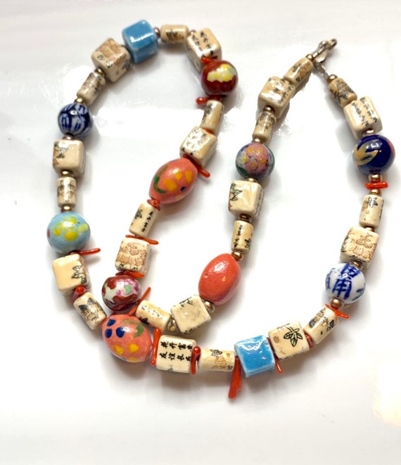 Vintage 925 silver with beads necklace, coral, As… - image 2