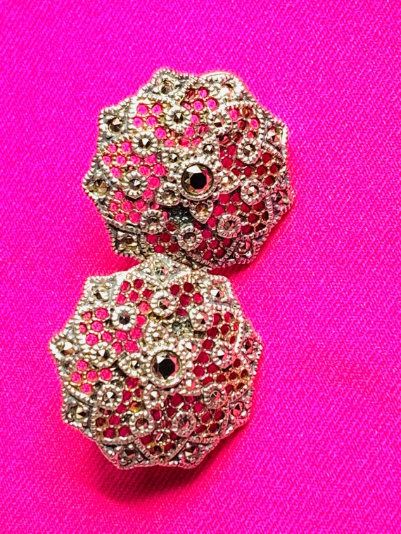Vintage Marcasite sterling silver earrings, round… - image 4