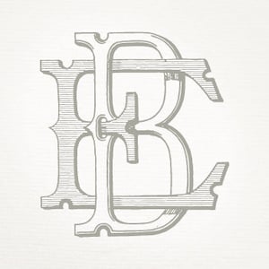 May include: A black and white illustration of the letters "EB" intertwined in a decorative, stylized font.