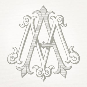 May include: A monogram design featuring the letters "A" and "A" intertwined in a decorative, stylized font. The letters are surrounded by ornate flourishes and swirls.