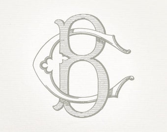 Vintage Wedding Monogram BC CB - Zaproszenie ślubne, Pobieranie cyfrowe, Antyczne, Splecione, Logo, Eleganckie