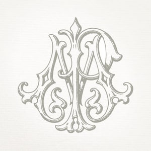 May include: A decorative monogram with the letters "A" and "V" intertwined in a stylized, ornate design. The letters are in a gray color and are surrounded by intricate flourishes.