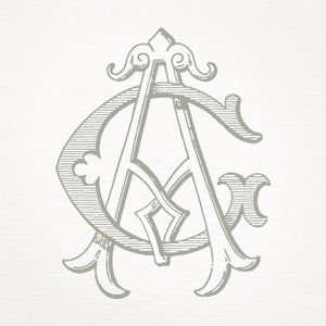 May include: A monogram design featuring the letters "A" and "C" in a decorative, stylised font. The letters are intertwined and have a vintage, ornate look.