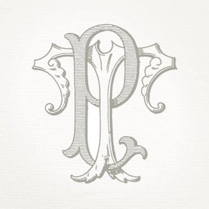 May include: A gray, ornate monogram featuring the intertwined letters "P" and "D". The design has a vintage aesthetic, with decorative flourishes and a detailed, engraved appearance. The background is a plain, off-white color.