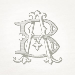 May include: A vintage style monogram design featuring the letters A and B intertwined. The letters are in a decorative font and are surrounded by ornate flourishes.