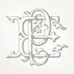 May include: A decorative monogram with the letters "P" and "E" intertwined in a stylized, ornate design. The letters are in a gray color and have a vintage, calligraphic style.
