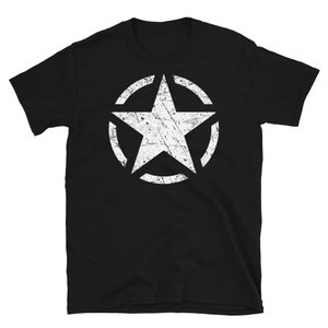 May include: Black t-shirt with a white distressed star in a circle. The star is a symbol of the US military.