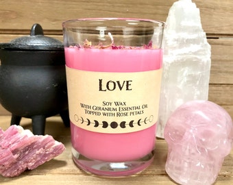 Love Soy Spell Candle, Rose Petals, Geranium Essential Oil, 7 oz, Pink Spell Candle, Soy Spell Candle, Love Spell