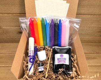 Spell Candle Gift Set Gift Box - 4&quot; Candles, Anointing Oil, Scribe, Crystal, Holder, Spells, Wicca, Wiccan, Candle Magic, Candle Magick