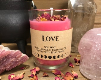 Love Soy Spell Candle, Rose Petals, Geranium Essential Oil, Full Moon Pour, Pink Spell Candle, Soy Spell Candle, Love Spell