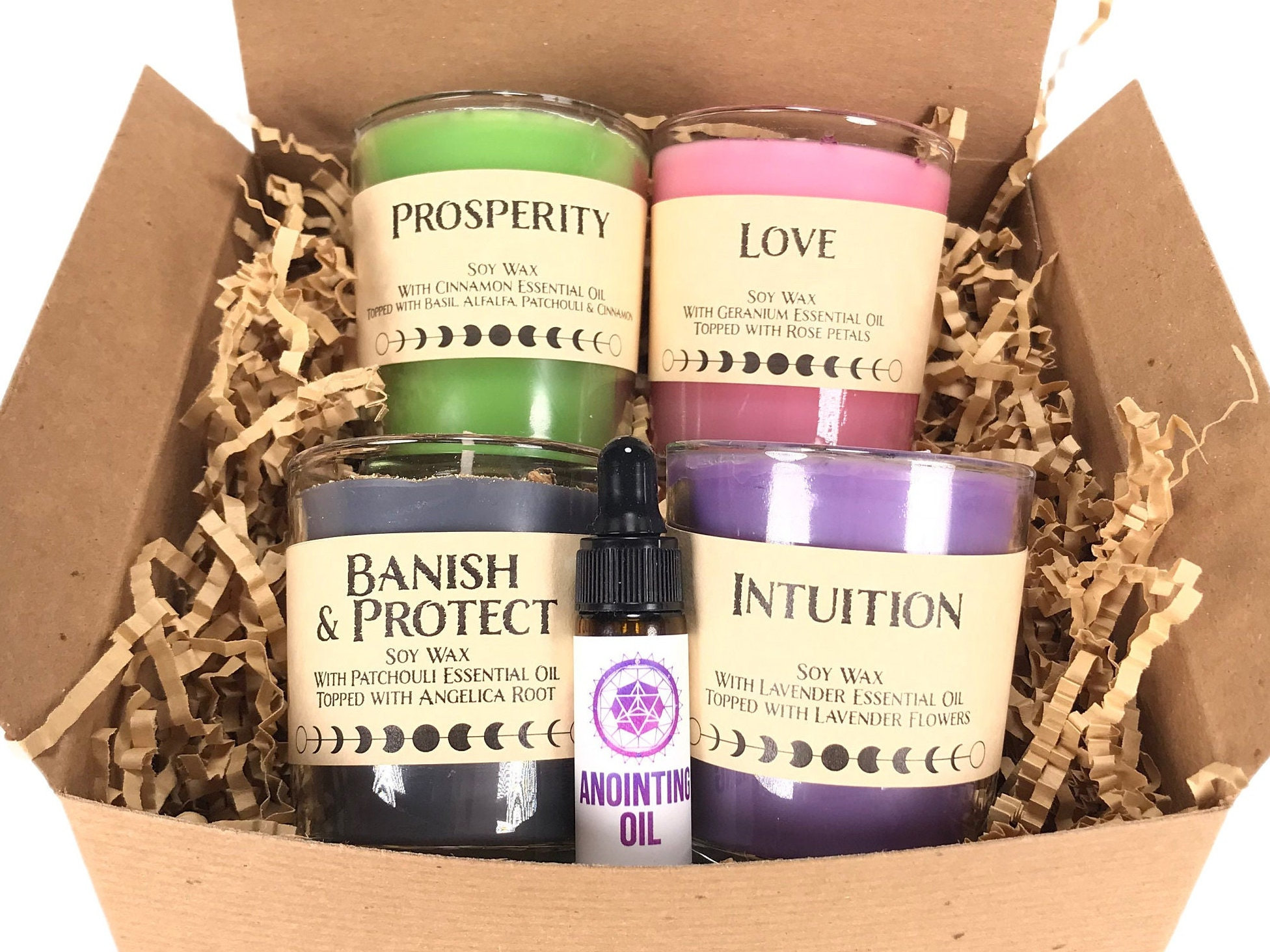 Spell Candle Gift Set, Soy Spell Candle Gift Box, Prosperity, Love, Intuition, Banish, Protect, Third Eye, Money, with Anointing Oil