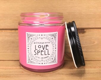 Love Spell Scented Wood Wick Candle, Pink Soy Spell Candle, Geranium Myrrh, Incense, Witchy, Spells, Meditation, Rituals