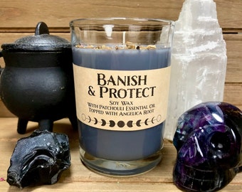 Protection Spell Candle, Banish Spell, Black Soy Spell Candle, 7oz Patchouli Essential Oil, Angelica Root, Wicca, Wiccan