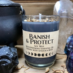 Protection Spell Candle, Banish Spell, Black Soy Spell Candle, Saturday Pour, Patchouli Essential Oil, Angelica Root, Wicca, Wiccan