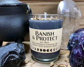 Protection Spell Candle, Banish Spell, Black Soy Spell Candle, Saturday Pour, Patchouli Essential Oil, Angelica Root, Wicca, Wiccan