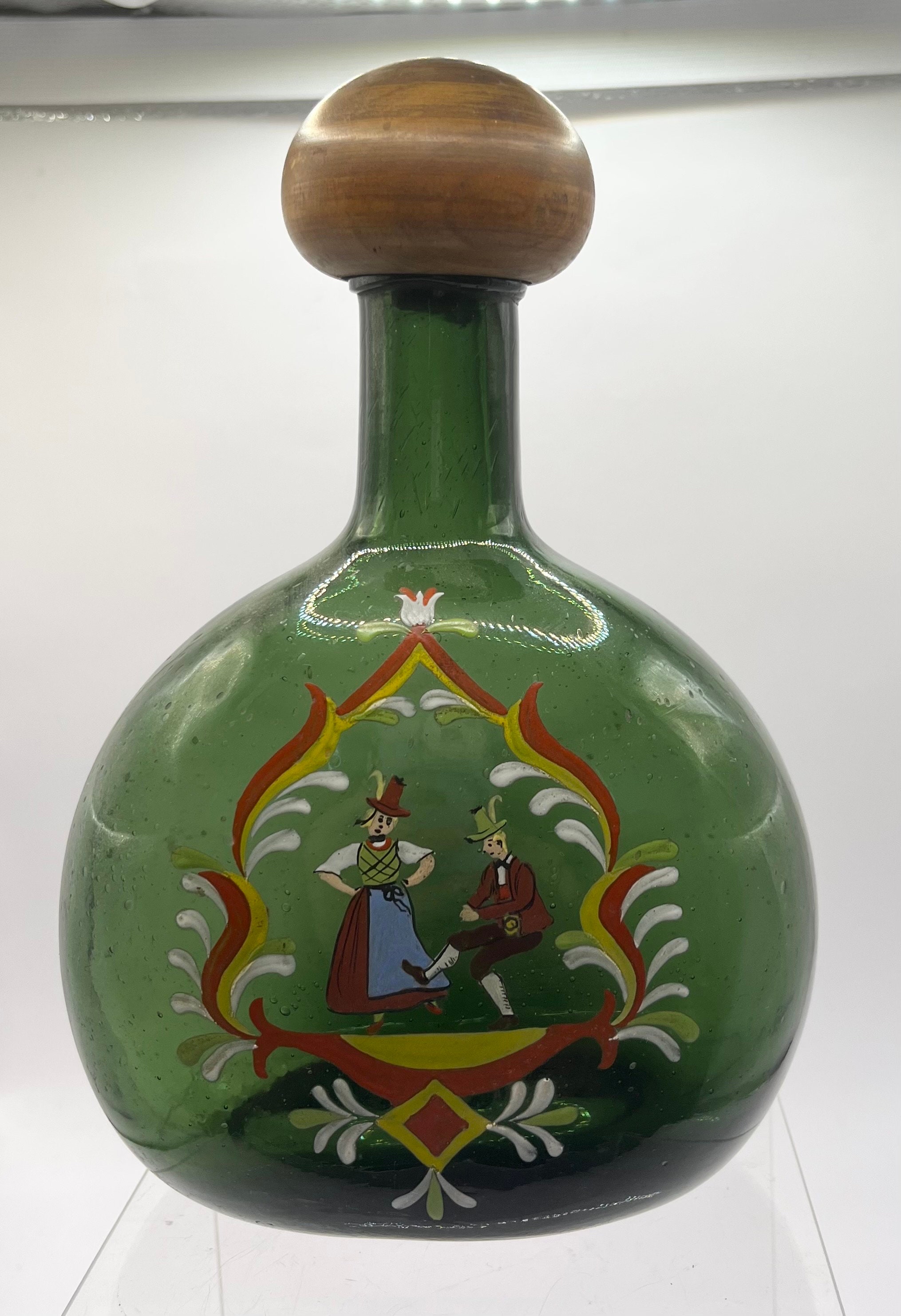 Vintage Green Glass Hand Painted Decanter Bottle GUC