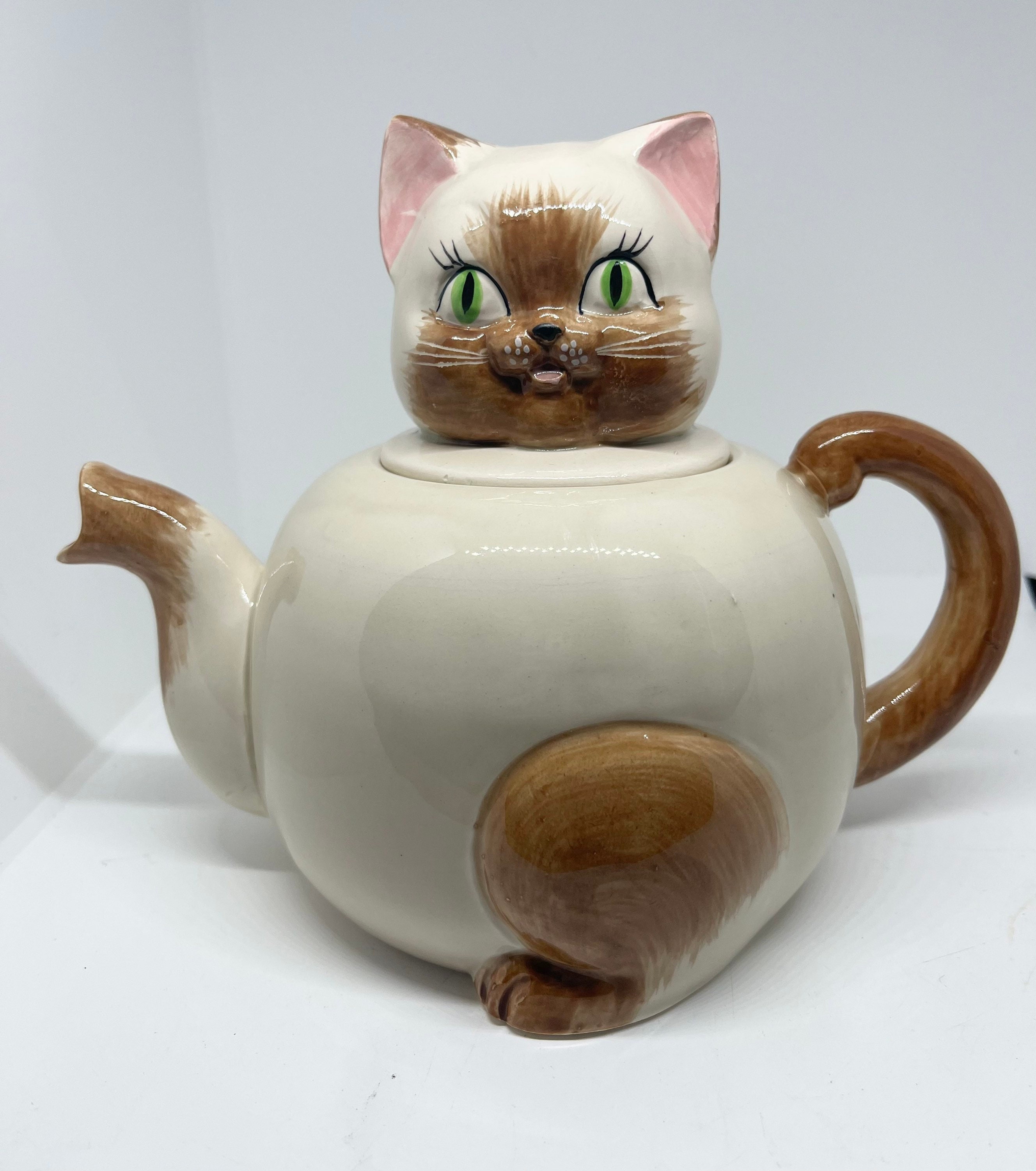 Vintage Kasuga Ware Siamese Cat Teapot 1950s Japan Pitcher Coffee