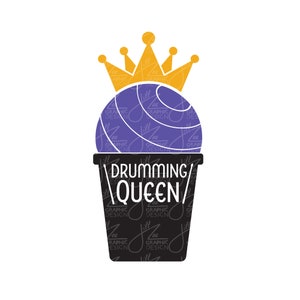 May include: A purple and white drum with a gold crown on top. The drum is in a black cup with the text "DRUMMING/QUEEN/" on it.