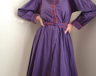 vintage 1970s purple and red polka dot prairie dress