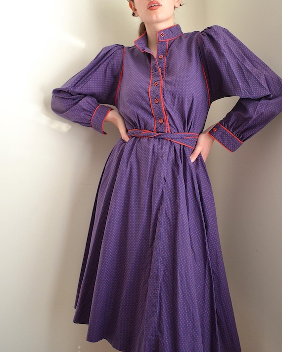 vintage 1970s purple and red polka dot prairie dre