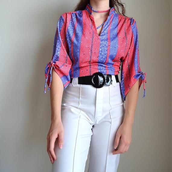 vintage 1970s purple and pink polyester blouse wi… - image 2