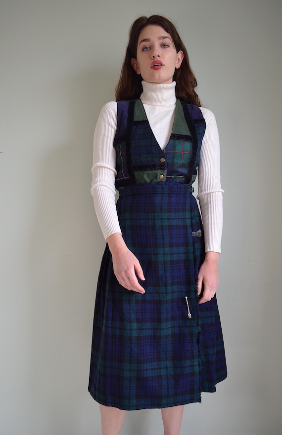 vintage 80s pure wool blue and green plaid midi a… - image 5