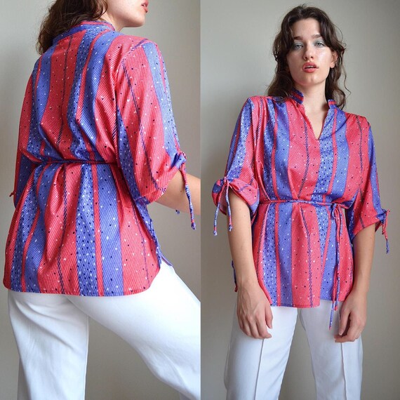 vintage 1970s purple and pink polyester blouse wi… - image 1