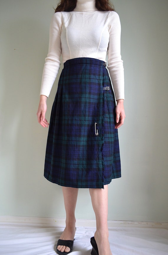 vintage 80s pure wool blue and green plaid midi a… - image 4